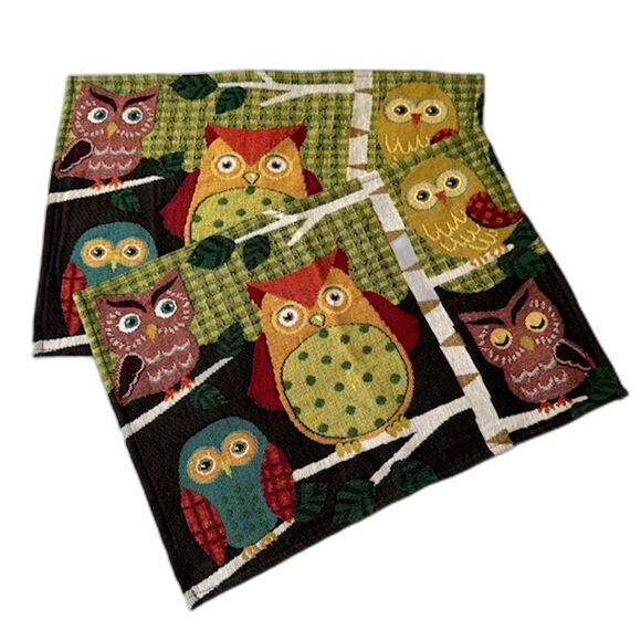 Set of 2 Owl Tapestry Placemats Woodland Boho Folk Art Woven Table Decor VTG - Picture 3 of 6